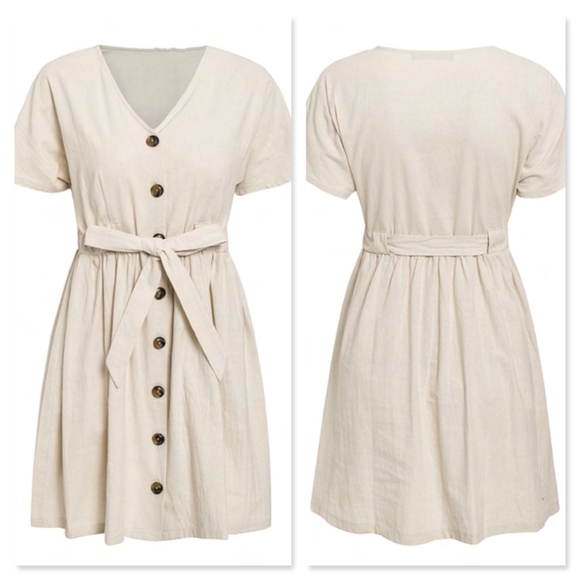 Cotton Buttoned Mini Fit and Flared Belted Dress - Picture 5 of 10